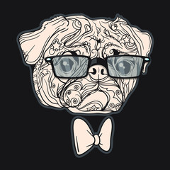 Face of dog with black glasses and bow. Vector illustration. Isolated on white background.