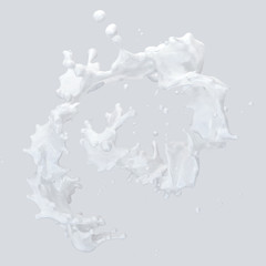 White liquid fresh milk, yogurt waves splash isolated on light background. Glossy shining milk shake, vegan almond milk, soy, oat, coconut milk, yogurt, cream, shampoo. Liquid splashing 3D dairy