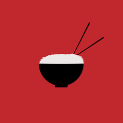 Rice dessert in soup plate with chopsticks.Illustration design on red background