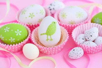 Festive background with easter eggs and ribbons