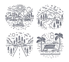 Collection of road trip touristic locations or landscapes with mountains, sea and forest trees drawn with black contour lines on white background. Monochrome vector illustration in lineart style.