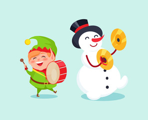 Cute Elf Playing on Drum Snowman with Cymbal Music