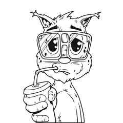 Vector cartoon Cat in glasses with cup of water in black lines. Isolated on white background. Can be used for some poster or print.