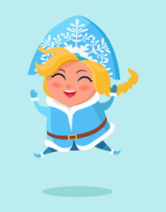 Smiling Snow Maiden Jumping High on Snow Vector