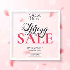 Elegant spring sale banner with lettering and flower&rsquo;s petals on the pink background with effect bokeh. Vector template with frame for design of flyers and newsletters with discount offers.