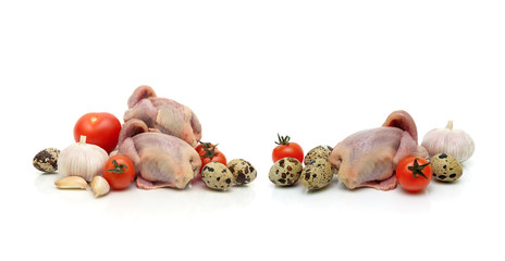 quail carcass, vegetables and eggs on a white background