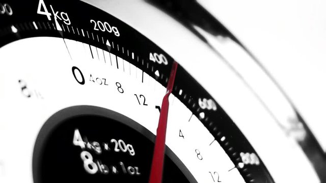 Black and white and colour Vintage scale close up, view of numeric household scale instrument and indicator, measuring food for preparing meals