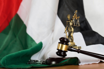Judge's gavel on a flag of the United Arab Emirates.