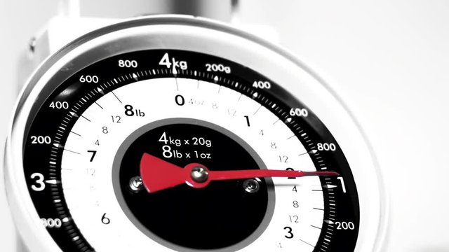 Black and white and colour Vintage scale close up, view of numeric household scale instrument and indicator, measuring food for preparing meals