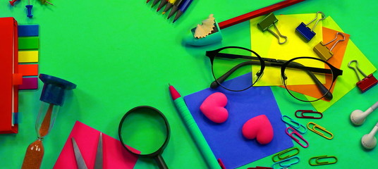 office workspace. Desktop. flat view from above. place for text. stationery. book. glasses.