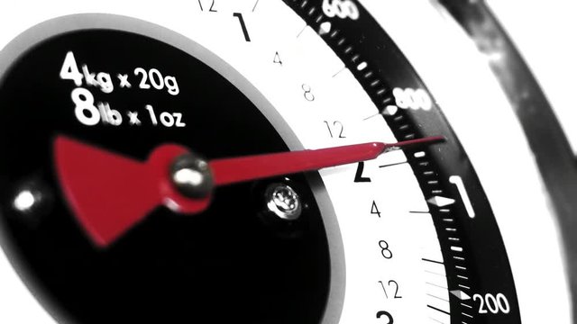 Black and white and colour Vintage scale close up, view of numeric household scale instrument and indicator, measuring food for preparing meals