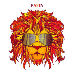 Vector face of lion in aviator glasses. Illustration in oranges colors. Isolated on white background