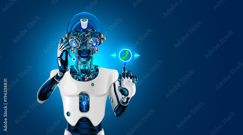 Poster Robot head with headset. Robot receives the call. The Bot talk with customer on phone or chat. Web sait assistant. Automatic call center. Futuristic concept.