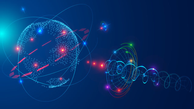 Communications satellite in space orbit earth. Satellite antenna broadcasting digital radio or satellite TV signal. Abstract technology background. Future concept.