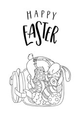 Cute rabbit on the jar with easter eggs and handwritten text