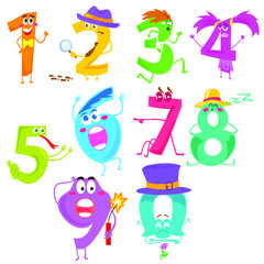 Cartoon vector illustration Set of cute and funny colorful number characters. Isolated on white background. One, two, three, four, five, six, seven, eight, nine, zero smiling characters, math symbols