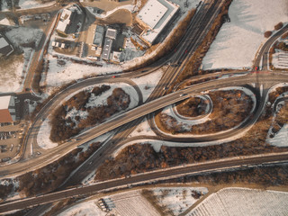 aerial view of highway and rooftops at winter morning, Germany