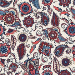 Paisley seamless pattern with motley ethnic Indian or Turkish motifs on white background. Backdrop with floral mehndi elements. Vector illustration for textile print, wallpaper, wrapping paper.