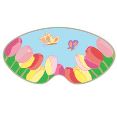Sleep mask. Spring field of tulips and butterflies.