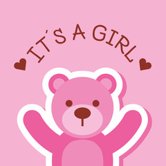 pink toy bear it a girl card baby shower vector illustration