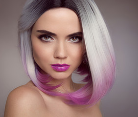 Ombre blonde bob short hairstyle. Beautiful hair coloring woman. Fashion Trendy haircut. Blond...