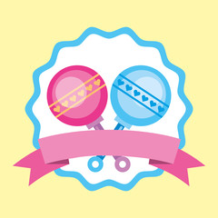 baby shower card maracas label ribbon decoration vector illustration