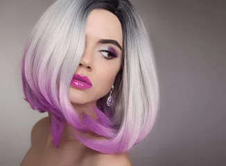 Velvet curtains Hairdressers Ombre bob blonde short hairstyle. Purple makeup. Beautiful hair coloring woman. Fashion Trendy haircut. Blond model with short shiny hairstyle. Concept Coloring Hair. Beauty Salon.