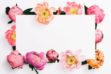 Peonies in different colors  with leaves creating a border around a white banner on a white background. Central negative space within banner. © Custom Scene