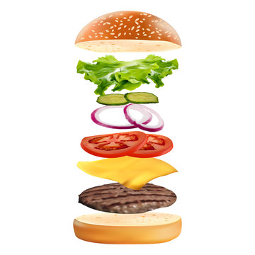 Realistic Delicious 3D Burger With Flying Ingredients Isolated On White Background. Fast Food Vector Illustration