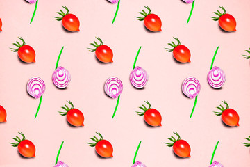 Colorful vegetables, food pattern, tomato and purple onion on wooden background. The view from the top