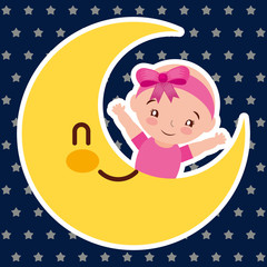 baby shower - cute little girl in cartoon moon vector illustration