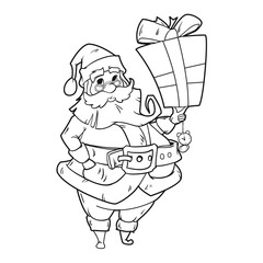 Vector Santa Claus with big present and clock in his hand. Isolated on white background. Cartoon style. Black and white version.