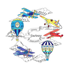 Background with Airplanes and Hot Air Balloons