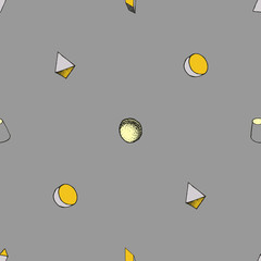 Seamless geometric pattern with 3d geometric objects. Abstract doodle background. Hand drawn primitives cube, torus, sphere, cone. Good for print, web, wrapping paper