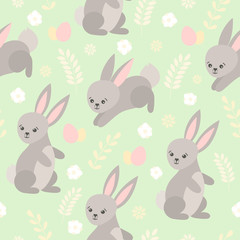Happy Easter background vector. Cute seamless pattern with funny bunny for kids egg hunt party. Rabbit illustration. Spring design for wrapping paper, poster, banner, flyer, greeting card, invitation.
