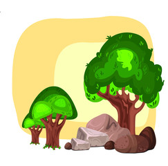 Vector deciduous trees and stones decoration for park and garden elements set.