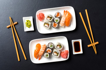 Japanese sushi with soy sauce and wasabi