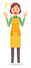 A middle-aged housewife wearing an apron is surprised