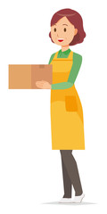 A middle-aged housewife wearing an apron has a box