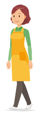 A middle-aged housewife wearing an apron is walking