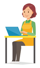 A middle-aged housewife wearing an apron is operating a laptop computer