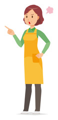 A middle-aged housewife wearing an apron is angrily pointing to a finger