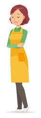 A middle-aged housewife wearing an apron is depressed