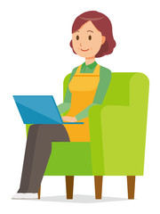 A middle-aged housewife wearing an apron is sitting on a sofa and operating a laptop computer
