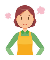 A middle-aged housewife wearing an apron is angry