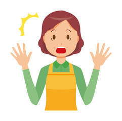 A middle-aged housewife wearing an apron is surprised