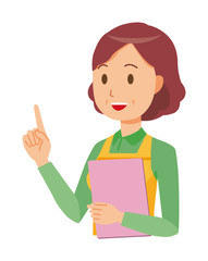 A middle-aged housewife wearing an apron has a file. And he points out