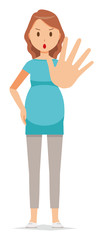 A pregnant woman wearing green clothes is stop gesture