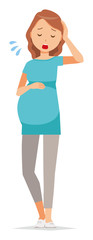 A pregnant woman wearing green clothes is tired