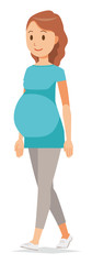 A pregnant woman wearing green clothes is walking